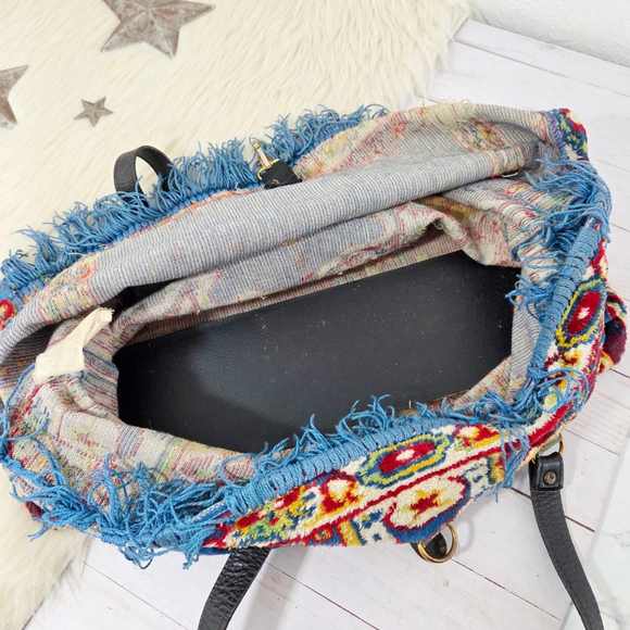 Vintage 60s 70s Carpet Bag blue tapestry kilim large foldover fringe French - Picture 10 of 14